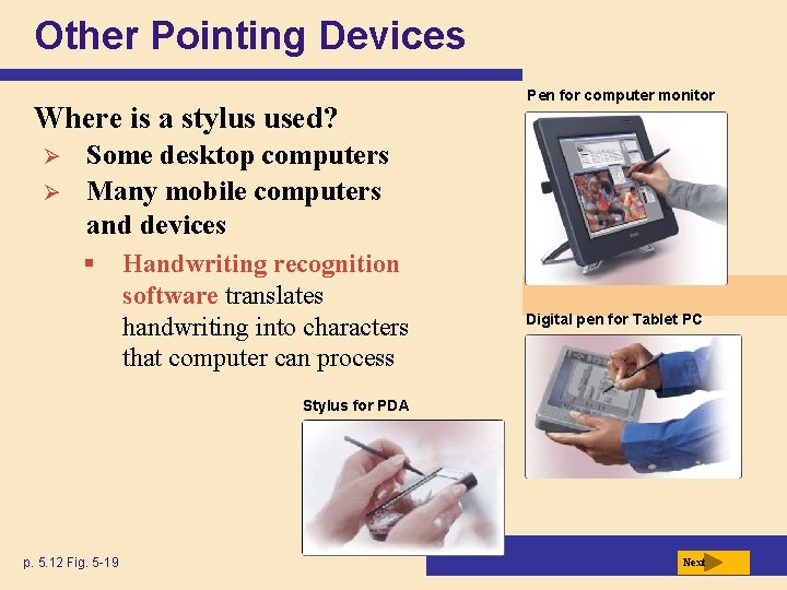 Other Pointing Devices Where is a stylus used? Ø Ø Pen for computer monitor