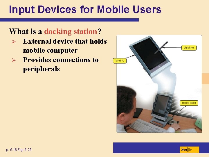 Input Devices for Mobile Users What is a docking station? Ø Ø External device