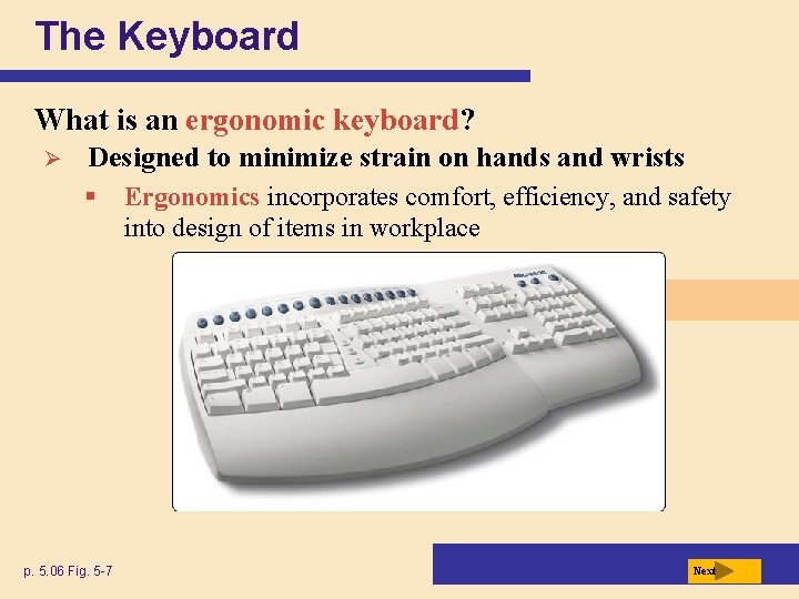 The Keyboard What is an ergonomic keyboard? Ø Designed to minimize strain on hands