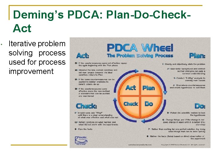 Deming’s PDCA: Plan-Do-Check. Act • Iterative problem solving process used for process improvement 