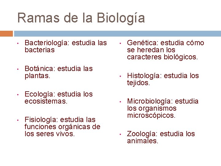 Ramas de la Biología • Bacteriología: estudia las bacterias • • Genética: estudia cómo