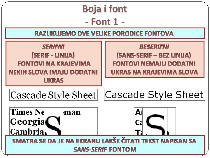 Boja i font - Font 1 RAZLIKUJEMO DVE VELIKE PORODICE FONTOVA SERIFNI (SERIF -