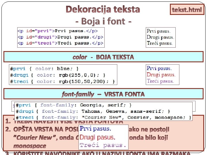 Dekoracija teksta - Boja i font color - BOJA TEKSTA font-family – VRSTA FONTA