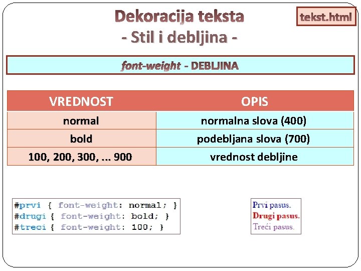 Dekoracija teksta - Stil i debljina - tekst. html font-weight font-style- DEBLJINA - STIL