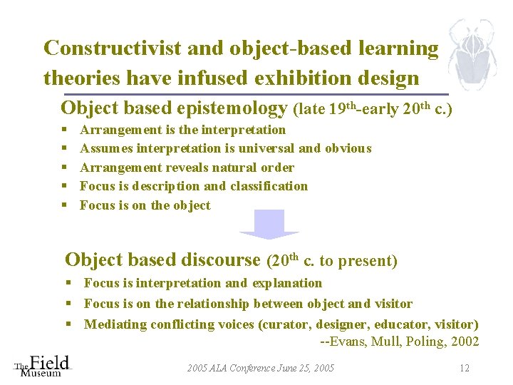 Constructivist and object-based learning theories have infused exhibition design Object based epistemology (late 19