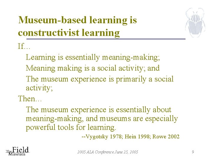 Museum-based learning is constructivist learning If… Learning is essentially meaning-making; Meaning making is a