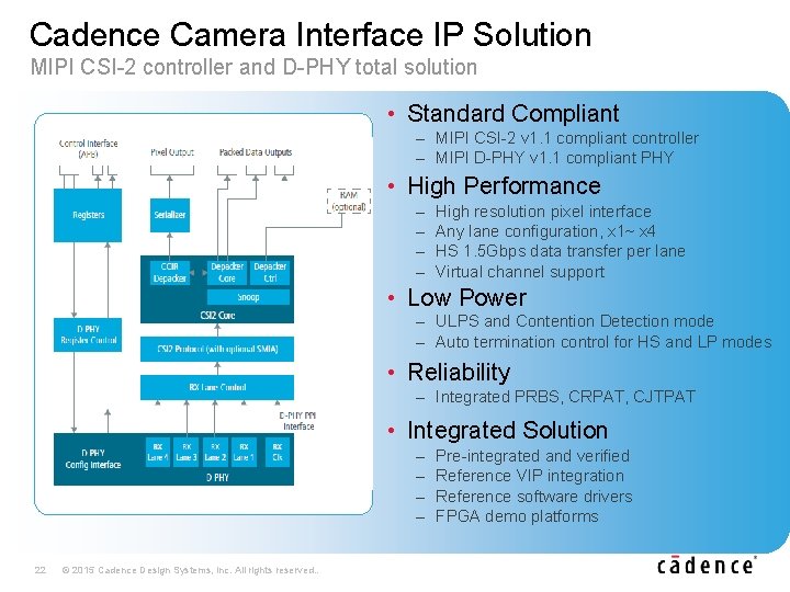 Cadence Camera Interface IP Solution MIPI CSI-2 controller and D-PHY total solution • Standard
