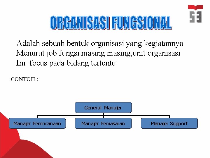 Adalah sebuah bentuk organisasi yang kegiatannya Menurut job fungsi masing, unit organisasi Ini focus