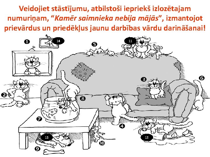 Veidojiet stāstījumu, atbilstoši iepriekš izlozētajam numuriņam, “Kamēr saimnieka nebija mājās”, izmantojot prievārdus un priedēkļus