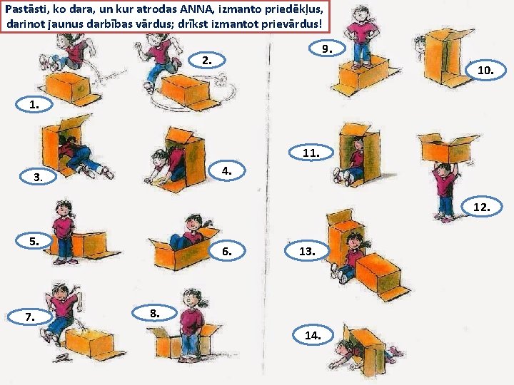 Pastāsti, ko dara, un kur atrodas ANNA, izmanto priedēkļus, darinot jaunus darbības vārdus; drīkst