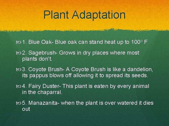 Plant Adaptation 1. Blue Oak- Blue oak can stand heat up to 100 o