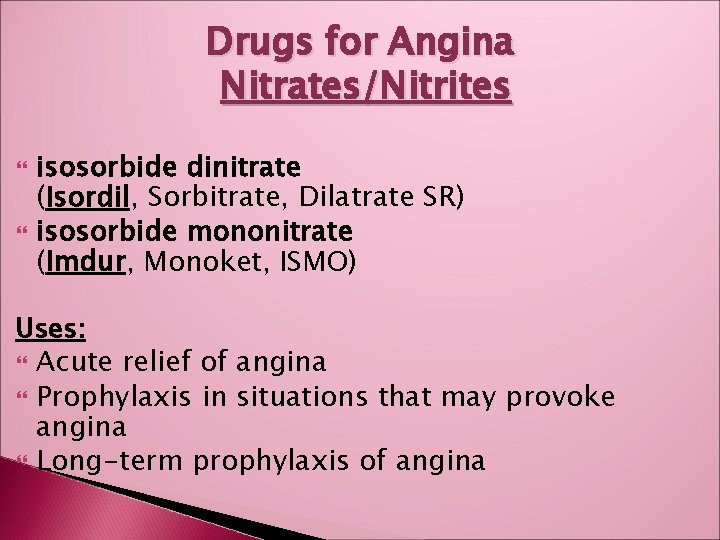 Drugs for Angina Nitrates/Nitrites isosorbide dinitrate (Isordil, Sorbitrate, Dilatrate SR) isosorbide mononitrate (Imdur, Monoket,