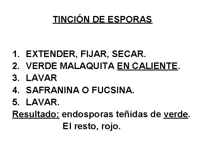 TINCIÓN DE ESPORAS 1. EXTENDER, FIJAR, SECAR. 2. VERDE MALAQUITA EN CALIENTE. 3. LAVAR