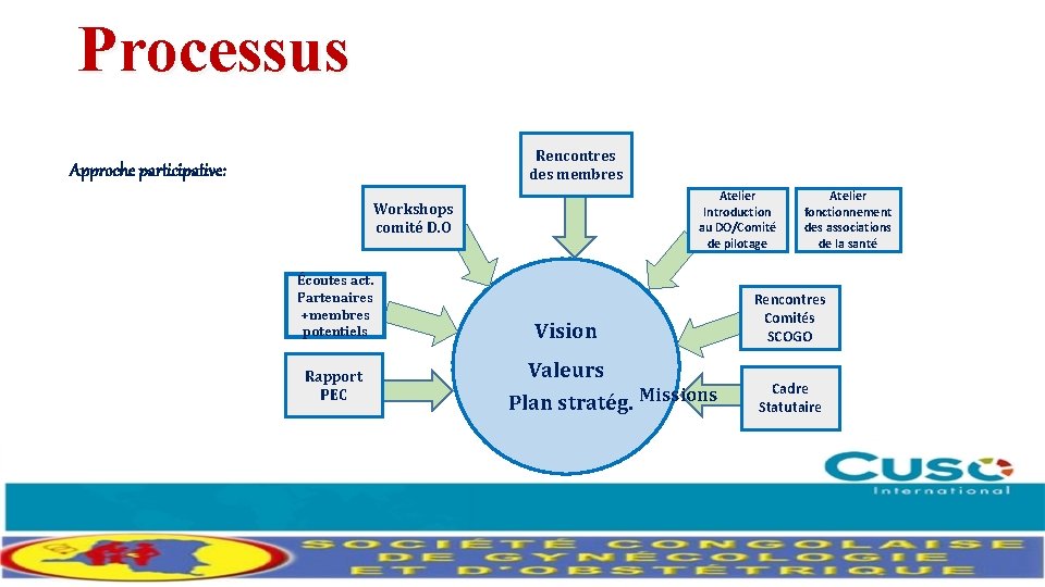Processus Rencontres des membres Approche participative: Atelier Introduction au DO/Comité de pilotage Workshops comité