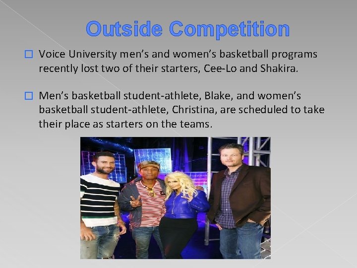 Outside Competition � Voice University men’s and women’s basketball programs recently lost two of