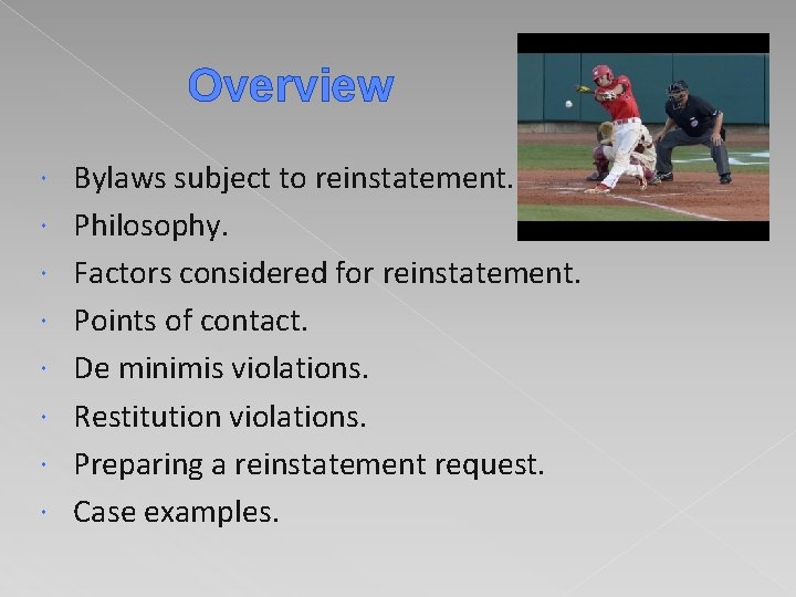 Overview Bylaws subject to reinstatement. Philosophy. Factors considered for reinstatement. Points of contact. De