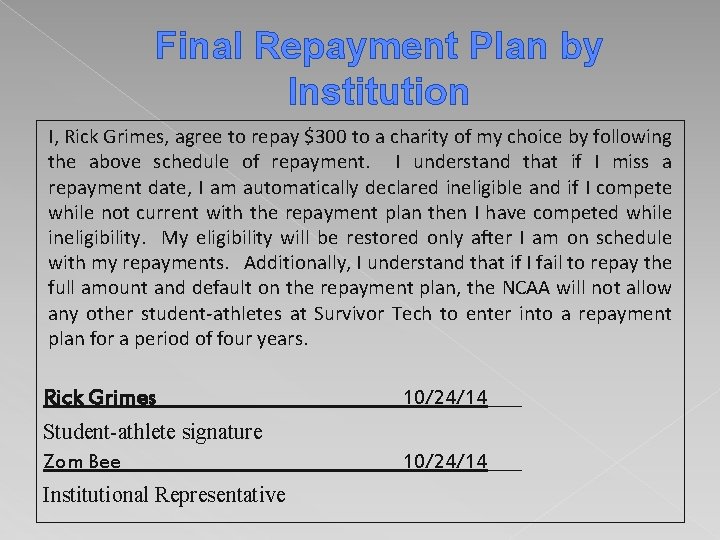 Final Repayment Plan by Institution I, Rick Grimes, agree to repay $300 to a