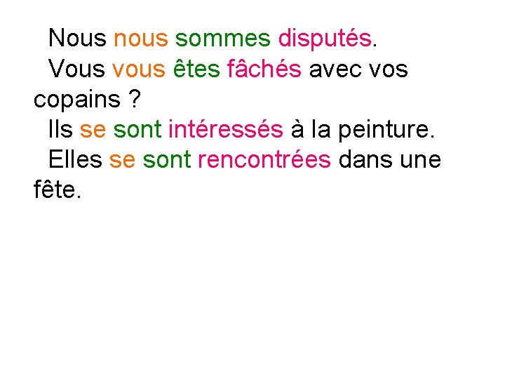 Nous nous sommes disputés. Vous vous êtes fâchés avec vos copains ? Ils se