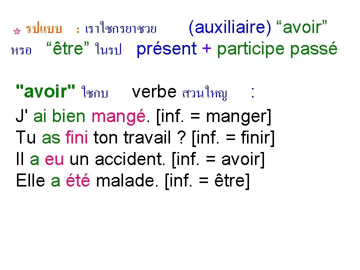 รปแบบ : เราใชกรยาชวย (auxiliaire) “avoir” หรอ “être” ในรป présent + participe passé "avoir" ใชกบ