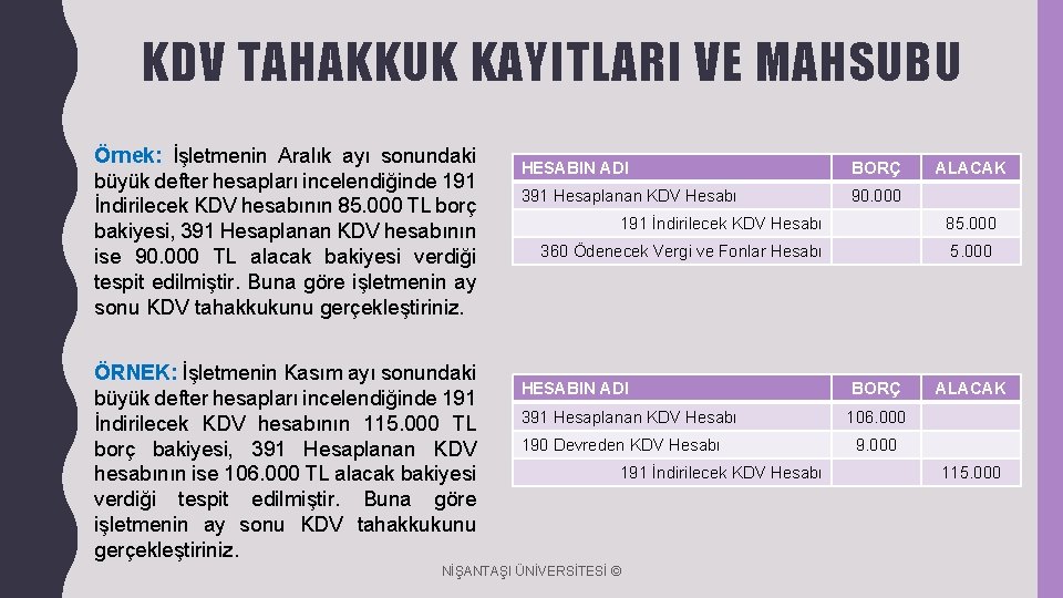 KDV TAHAKKUK KAYITLARI VE MAHSUBU Örnek: İşletmenin Aralık ayı sonundaki büyük defter hesapları incelendiğinde