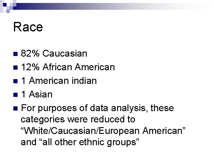 Race 82% Caucasian n 12% African American n 1 American indian n 1 Asian