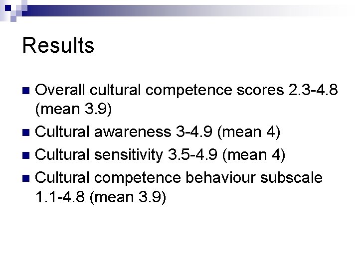 Results Overall cultural competence scores 2. 3 -4. 8 (mean 3. 9) n Cultural