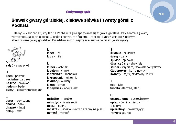Skarby naszego języka 2011 Słownik gwary góralskiej, ciekawe słówka i zwroty górali z Podhala.