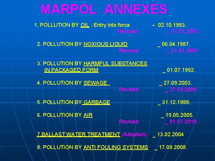 MARPOL ANNEXES 1. POLLUTION BY OIL : Entry into force – 02. 10. 1983.