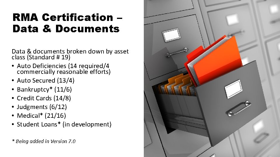 RMA Certification – Data & Documents Data & documents broken down by asset class