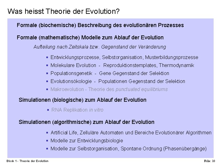 Was heisst Theorie der Evolution? Formale (biochemische) Beschreibung des evolutionären Prozesses Formale (mathematische) Modelle