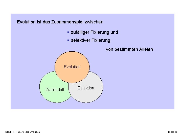 Evolution ist das Zusammenspiel zwischen § zufälliger Fixierung und § selektiver Fixierung von bestimmten