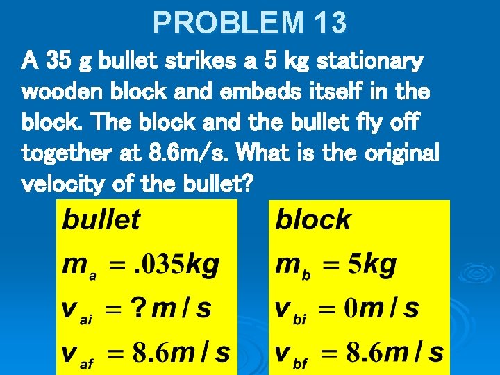 PROBLEM 13 A 35 g bullet strikes a 5 kg stationary wooden block and