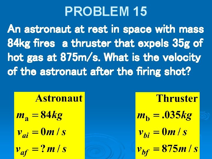 PROBLEM 15 An astronaut at rest in space with mass 84 kg fires a