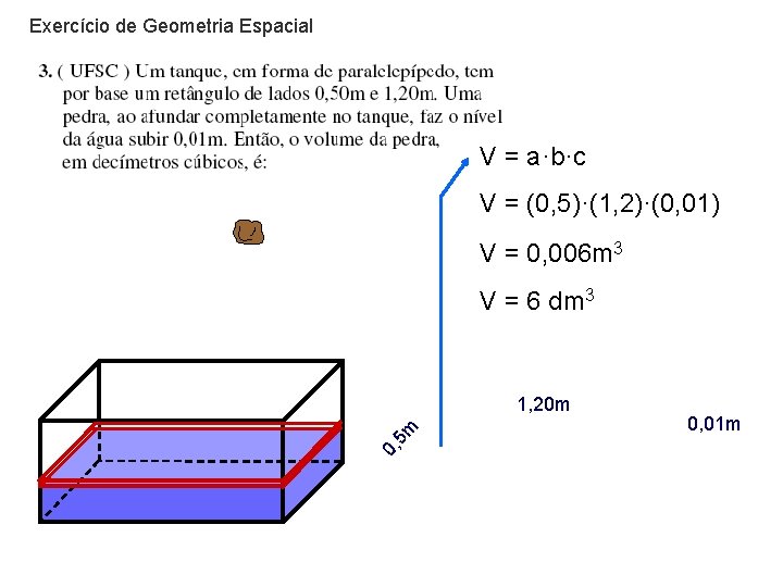 Exercício de Geometria Espacial V = a·b·c V = (0, 5)·(1, 2)·(0, 01) V