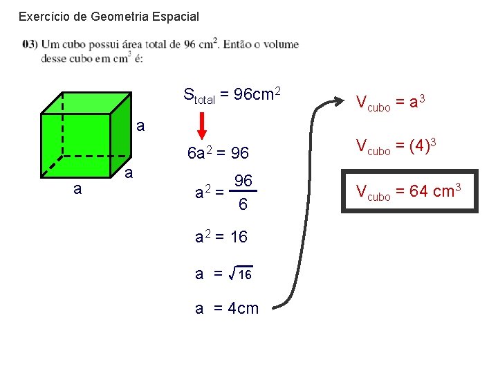 Exercício de Geometria Espacial Stotal = 96 cm 2 Vcubo = a 3 6