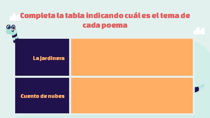 Completa la tabla indicando cuál es el tema de cada poema La jardinera Cuento