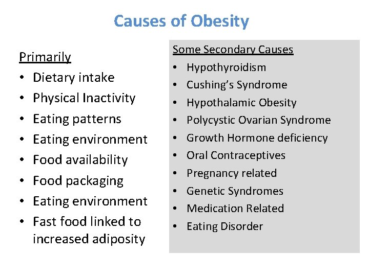Causes of Obesity Primarily • Dietary intake • Physical Inactivity • Eating patterns •