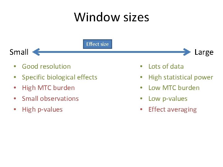 Window sizes Small • • • Effect size Good resolution Specific biological effects High