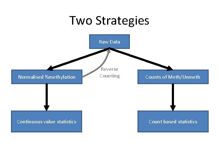 Two Strategies Raw Data Normalised %methylation Continuous value statistics Reverse Counting Counts of Meth/Unmeth