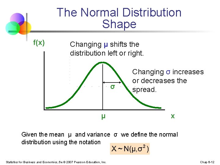 The Normal Distribution Shape f(x) Changing μ shifts the distribution left or right. σ