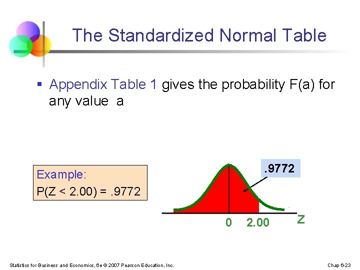The Standardized Normal Table § Appendix Table 1 gives the probability F(a) for any