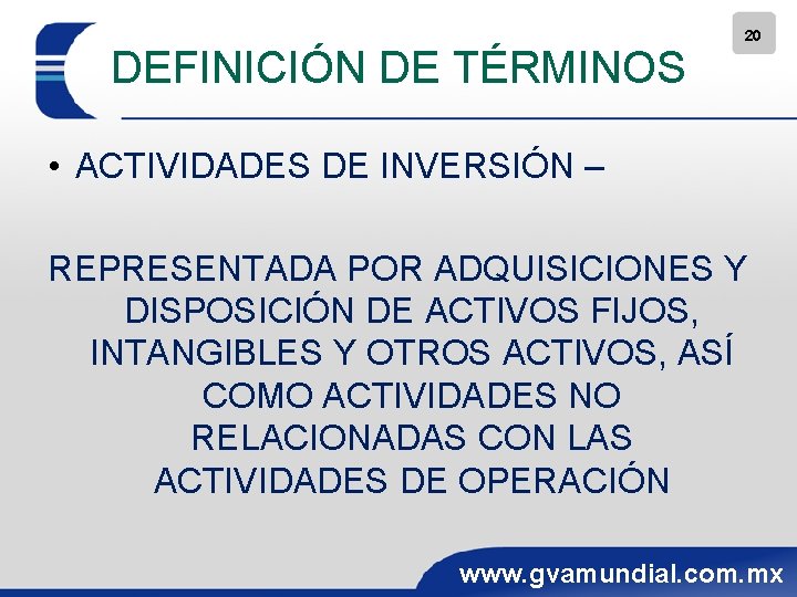 DEFINICIÓN DE TÉRMINOS 20 • ACTIVIDADES DE INVERSIÓN – REPRESENTADA POR ADQUISICIONES Y DISPOSICIÓN