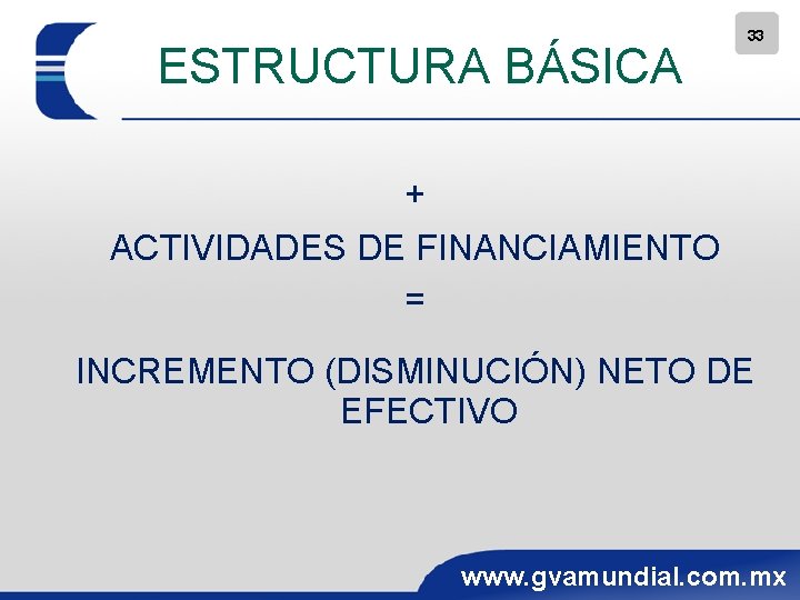 ESTRUCTURA BÁSICA 33 + ACTIVIDADES DE FINANCIAMIENTO = INCREMENTO (DISMINUCIÓN) NETO DE EFECTIVO www.