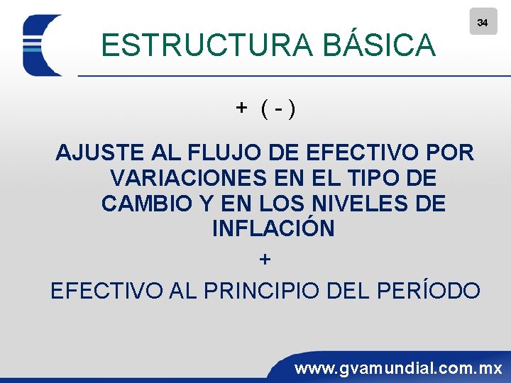 ESTRUCTURA BÁSICA 34 + (-) AJUSTE AL FLUJO DE EFECTIVO POR VARIACIONES EN EL