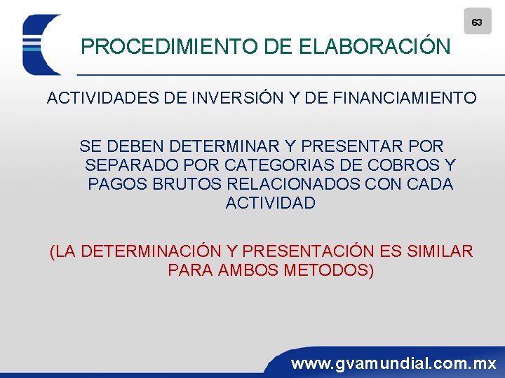 63 PROCEDIMIENTO DE ELABORACIÓN ACTIVIDADES DE INVERSIÓN Y DE FINANCIAMIENTO SE DEBEN DETERMINAR Y