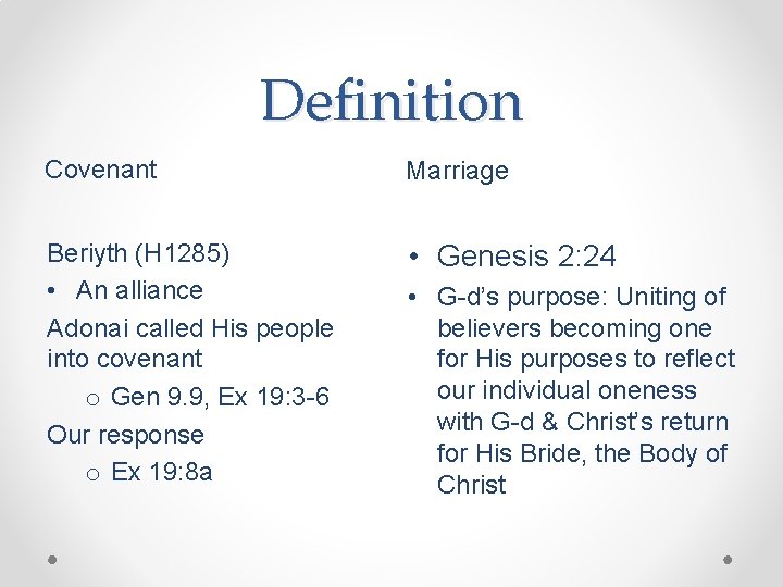 Definition Covenant Marriage Beriyth (H 1285) • An alliance Adonai called His people into