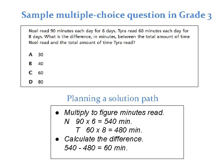 Sample multiple-choice question in Grade 3 Planning a solution path ● Multiply to figure