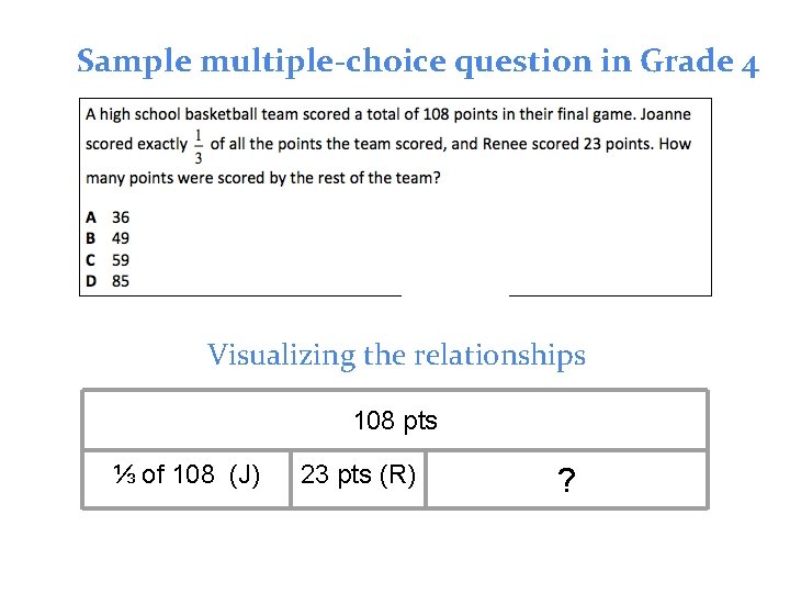Sample multiple-choice question in Grade 4 Visualizing the relationships 108 pts ⅓ of 108