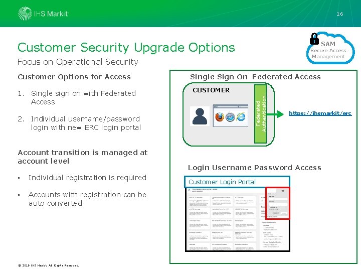 16 Customer Security Upgrade Options SAM Secure Access Management Focus on Operational Security 1.