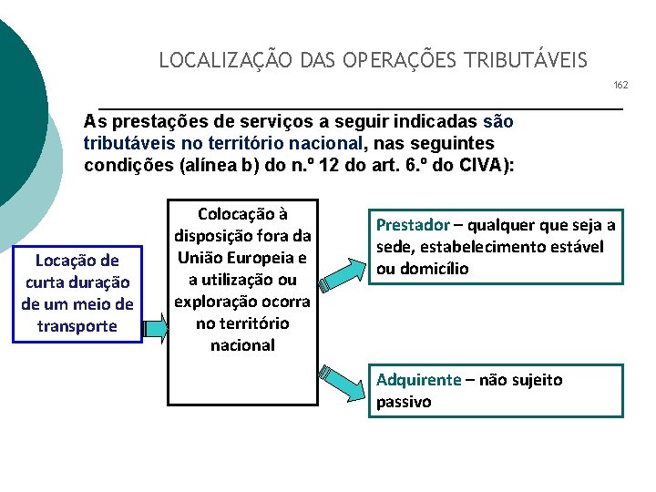 LOCALIZAÇÃO DAS OPERAÇÕES TRIBUTÁVEIS 162 As prestações de serviços a seguir indicadas são tributáveis